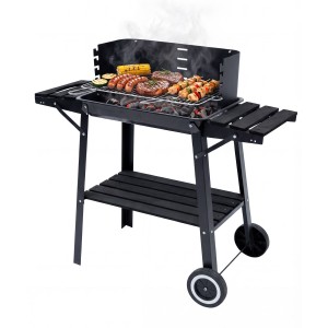 Grill ogrodowy grill węglowy duży czarny z półkami regulowany na kółkach przenośny tasos