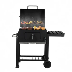 Grill ogrodowy grill węglowy z pokrywą duży z półką z termometrem na kółkach czarny rugia