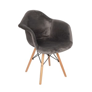 Krzesło tapicerowane z podłokietnikami do salonu jadalni skandynawskie welur velvet drewniane nogi szare mo