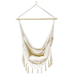 Fotel wiszący krzesło brazylijskie z poduszką frędzle boho beżowe bocianie gniazdo brasilia