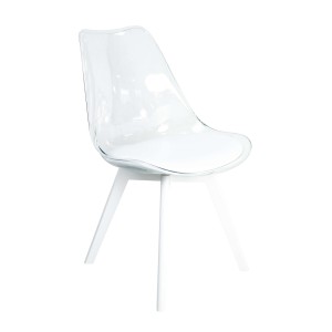 Krzesło przezroczyste transparentne przeźroczyste siedzisko ekoskóra biała nogi drewniane białe camila