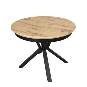 Stół okrągły stół rozkładany stół do jadalni salonu okleina naturalna dąb sękaty czarna metalowa podstawa geometryczna ST-62