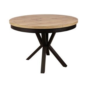 Stół okrągły rozkładany do jadalni salonu płyta laminowana dąb wotan czarna metalowa podstawa geometryczna ST-42